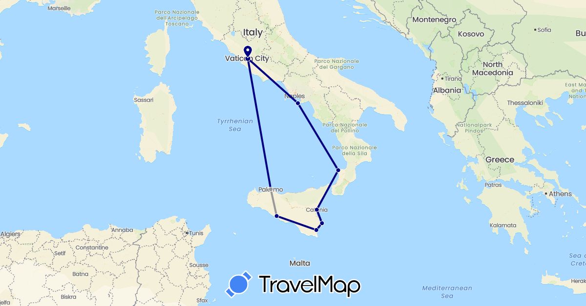 TravelMap itinerary: driving, plane in Italy (Europe)